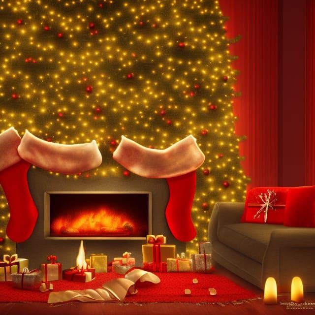 Festive Christmas Fireplace Scene in Detailed Matte Painting