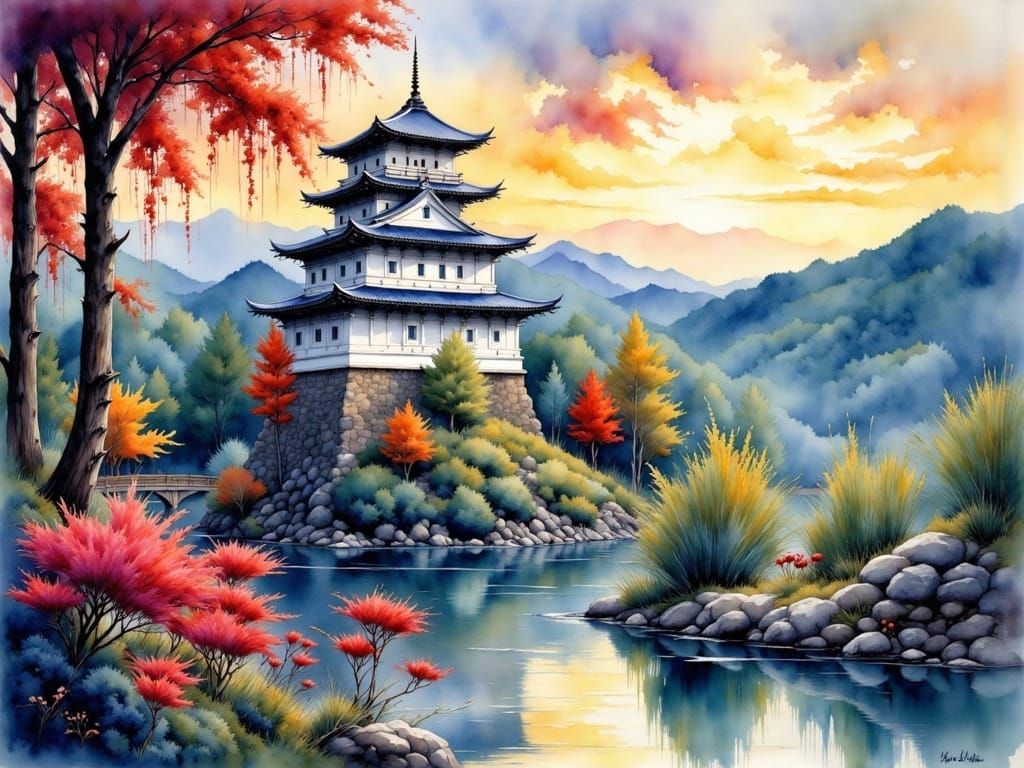 Japanese Castle at Night in Impressionist Style