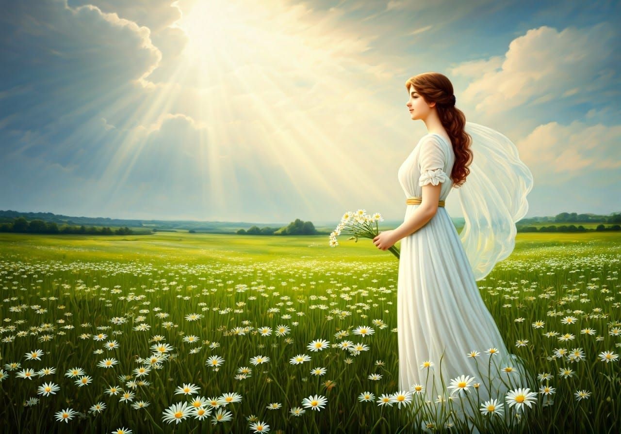 Woman in Daisy Meadow: Ethereal Allegorical Painting