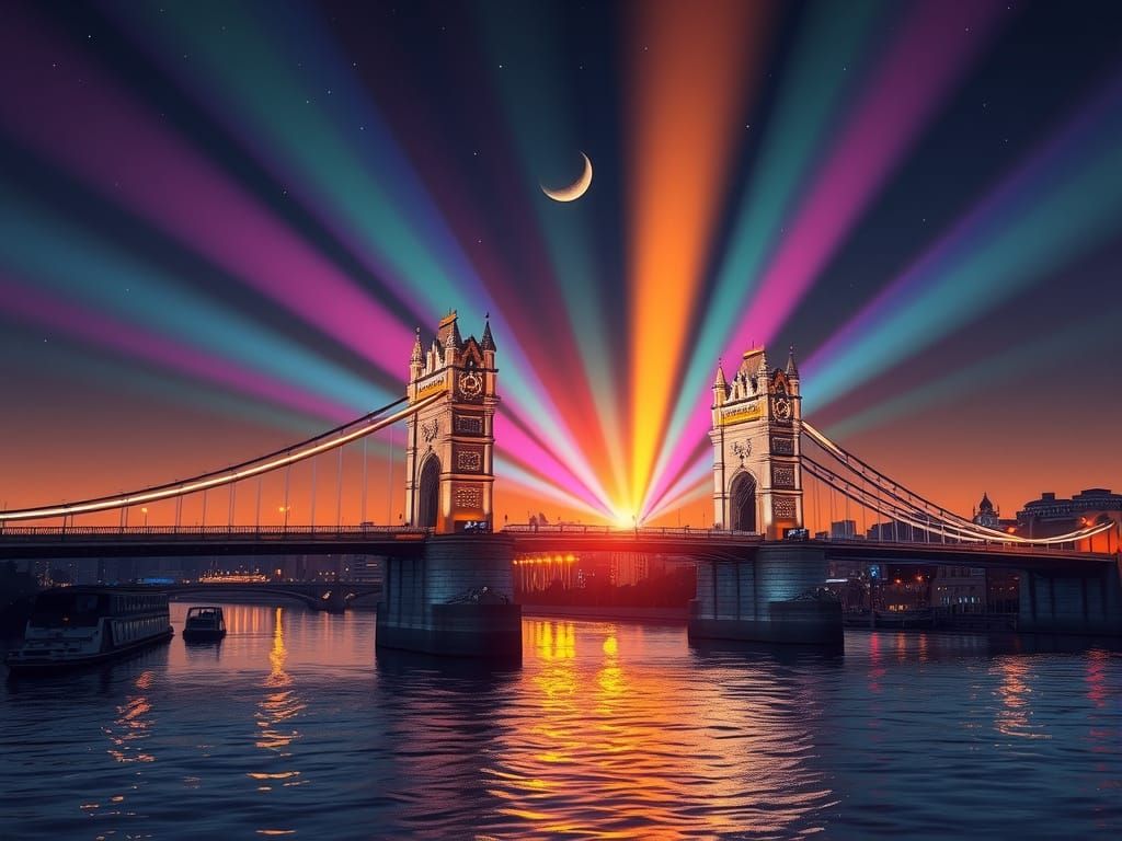 Fantasy bridge lightend by rainbow light at night.