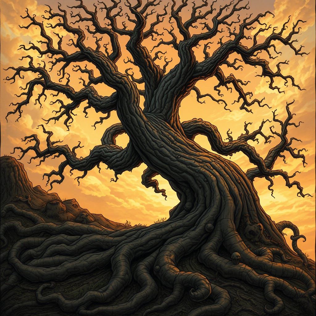 Mystical Ancient Tree in Golden Hour Fantasy Landscape