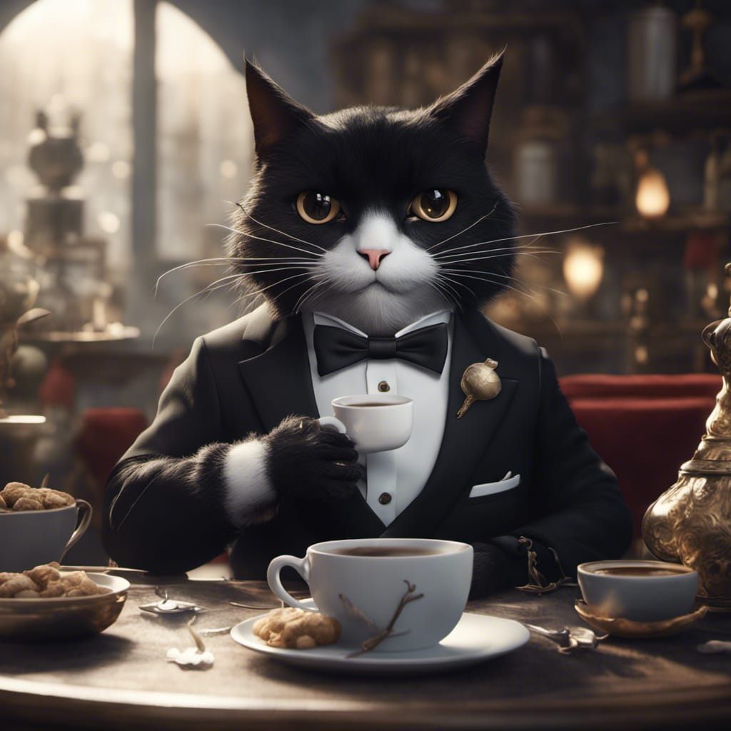Tuxedo Cat's Coffee Break: Detailed Matte Painting
