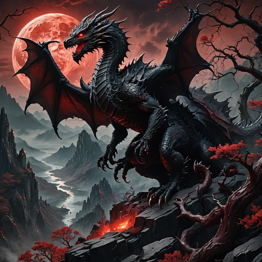 Mighty Dragon Dominates Dark Fantasy Landscape under Crimson...