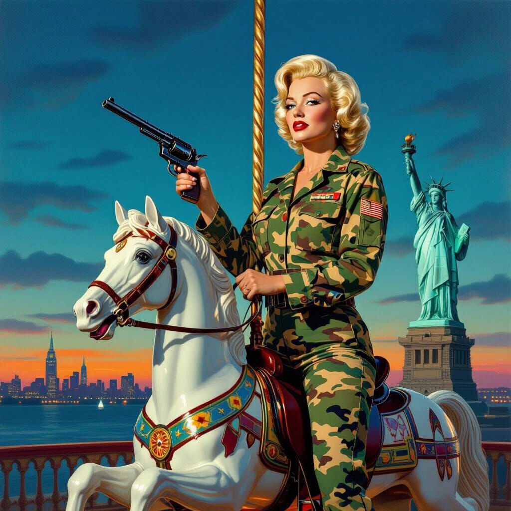 Marilyn Monroe with Revolver Overlooks Statue of Liberty on ...