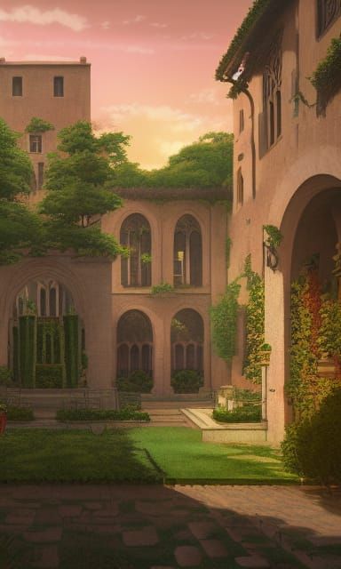 Renaissance Cloister Garden at Sunset: Anime Key Visual