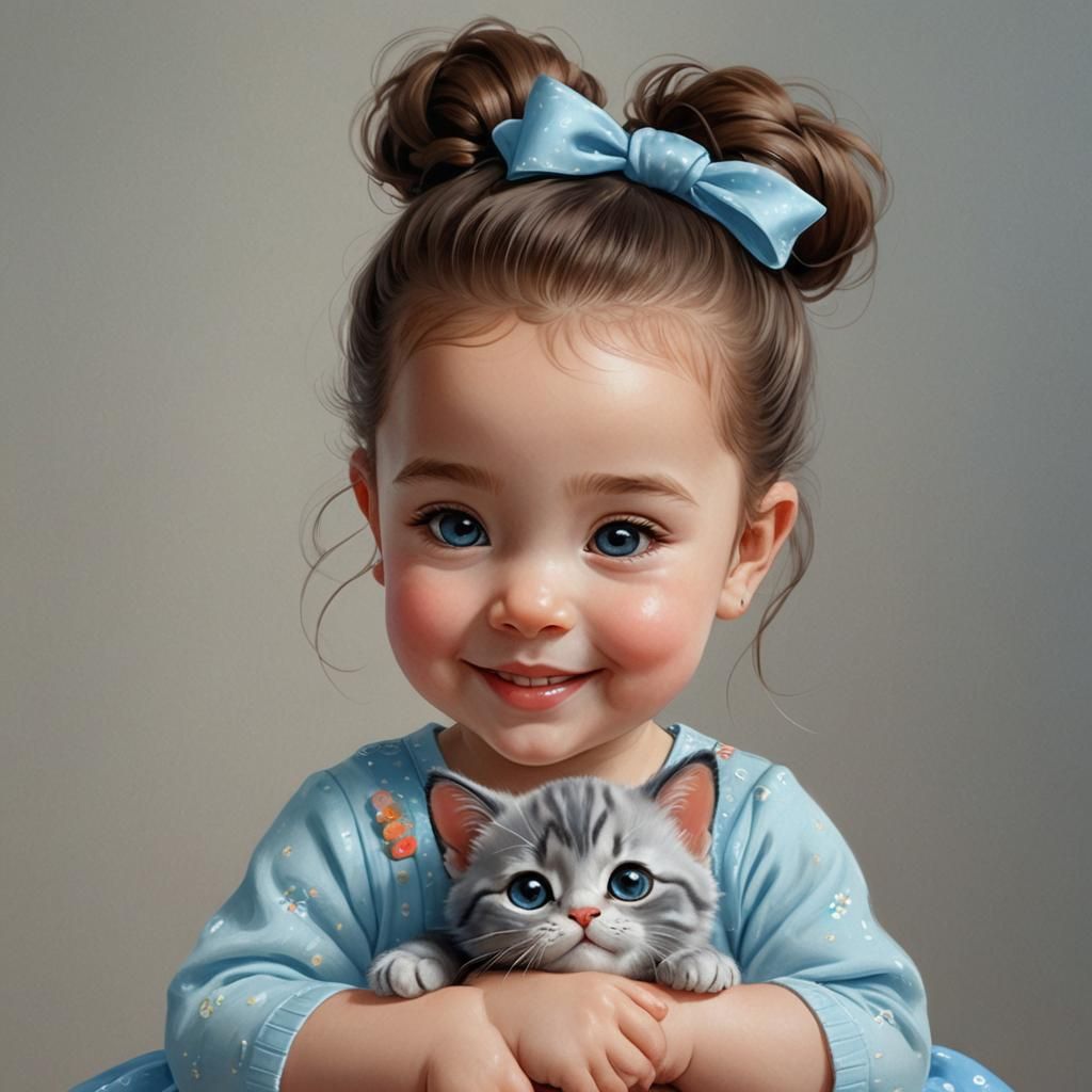 Cute Baby Girl with Plush Cat, Digital Art