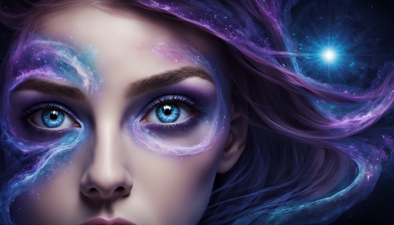 Woman Gazes into Celestial Eye, Cosmic Dust Swirls