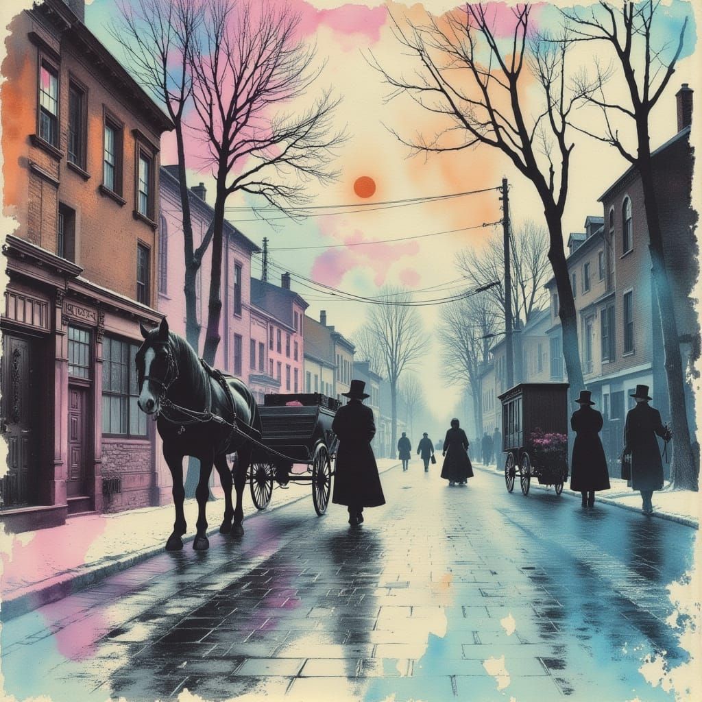 Victorian Winter Street Scene in Watercolor Style