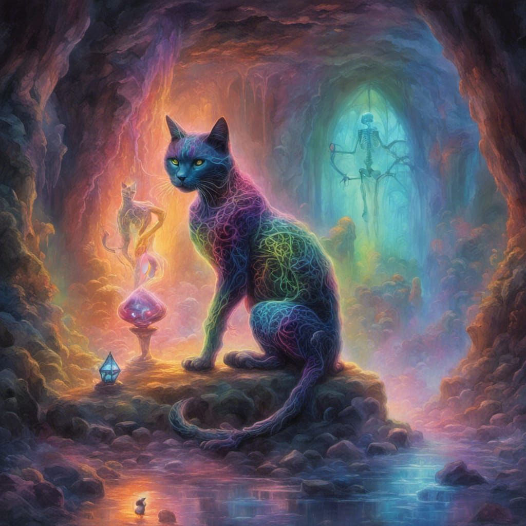 Neon Skeleton and Cat in Crystal Cave