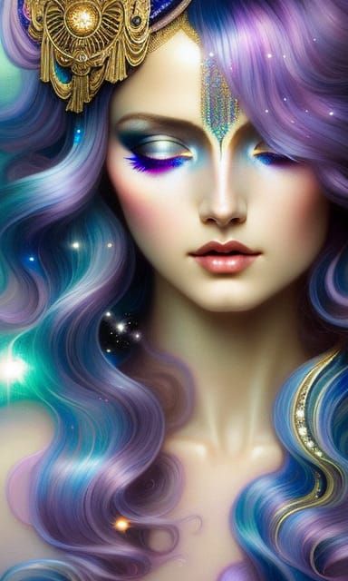Iridescent Galaxy Goddess in Art Nouveau Style