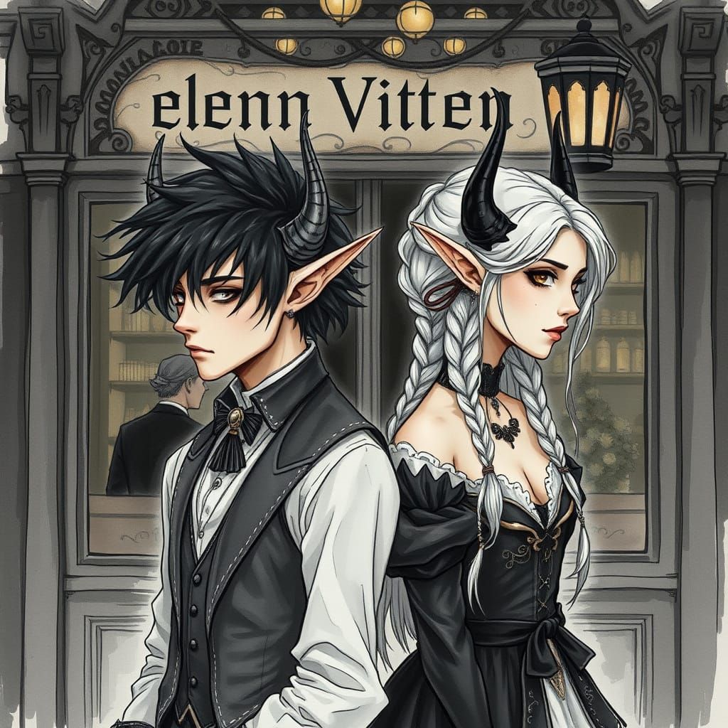 Steampunk Elves in Art Nouveau Charcoal Sketch