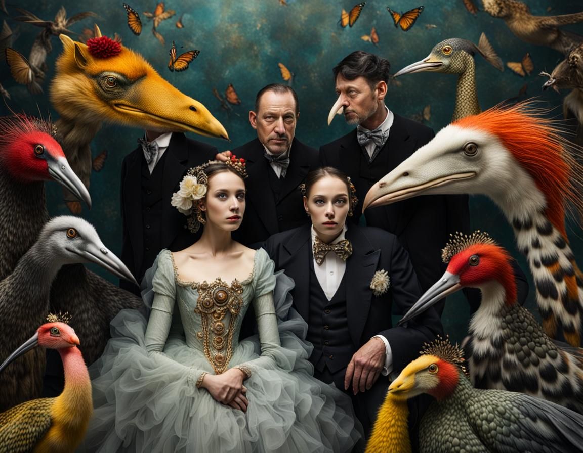 Surreal Restaurant Scene with Exotic Aliens Celebrating