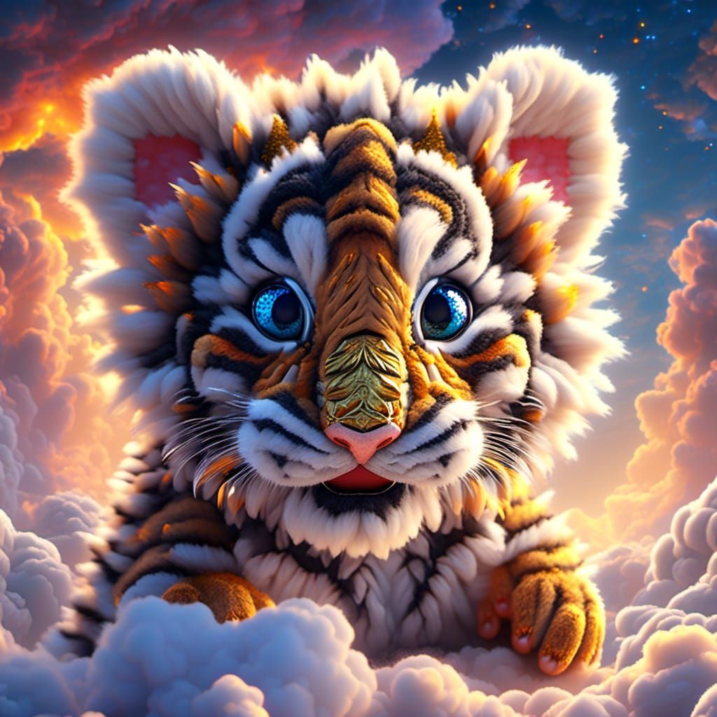 Tiger Cub Cloud Roaring at Sunset: Watercolor Art