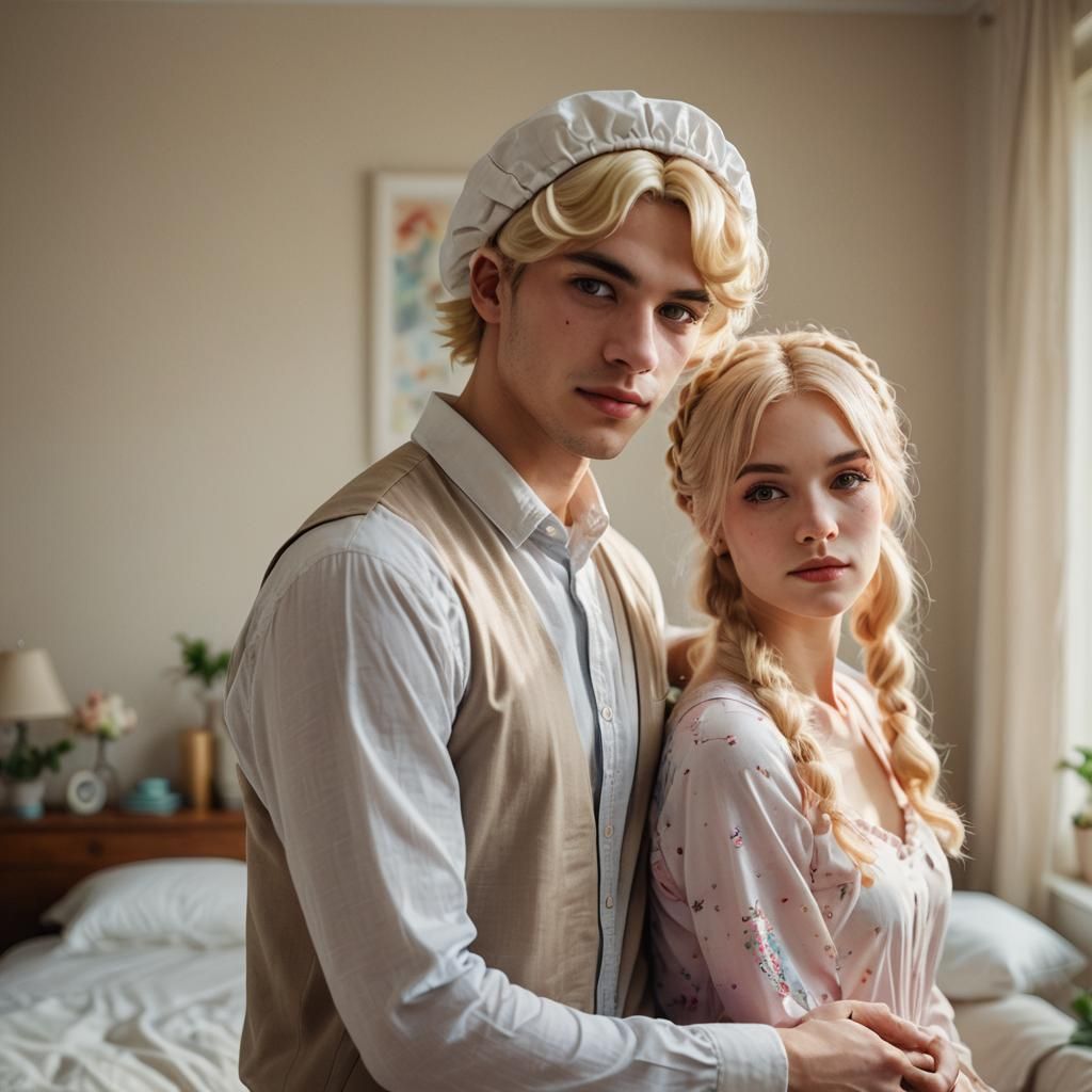 Young Man in Wig and Bonnet with Girlfriend in Bedroom