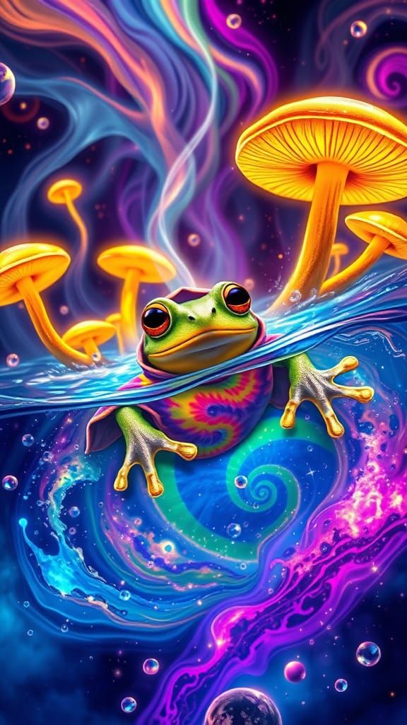 Pepe the frog takes a psychedelic DMT trippy dip in a flourescent bubbling cauldron surrounded by cosmic wonders - vibra...