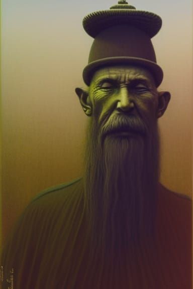 Surreal Gentleman in Lotus Pose, Beksiński Style