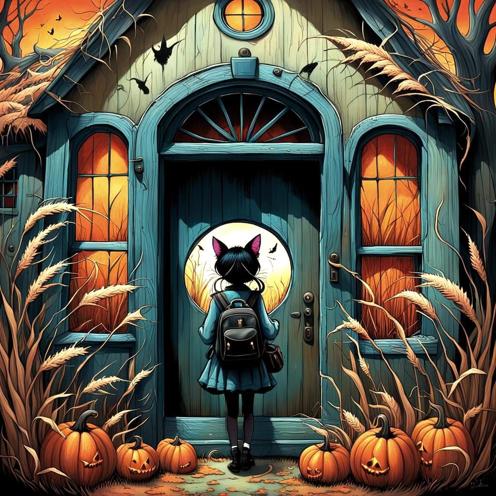 Girl and Kitten Gaze at Spooky House, Surreal Oil Painting