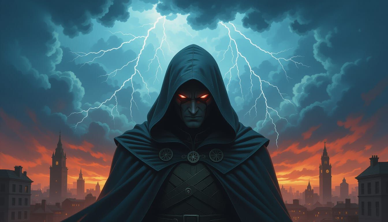 A striking illustration of a dark fantasy villain, their face hidden beneath a hood, with eyes full of fury and power. T...