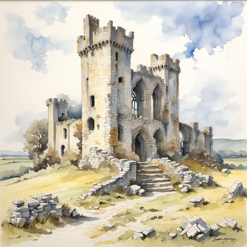 Castle Ruins in Rural Landscape as Watercolour