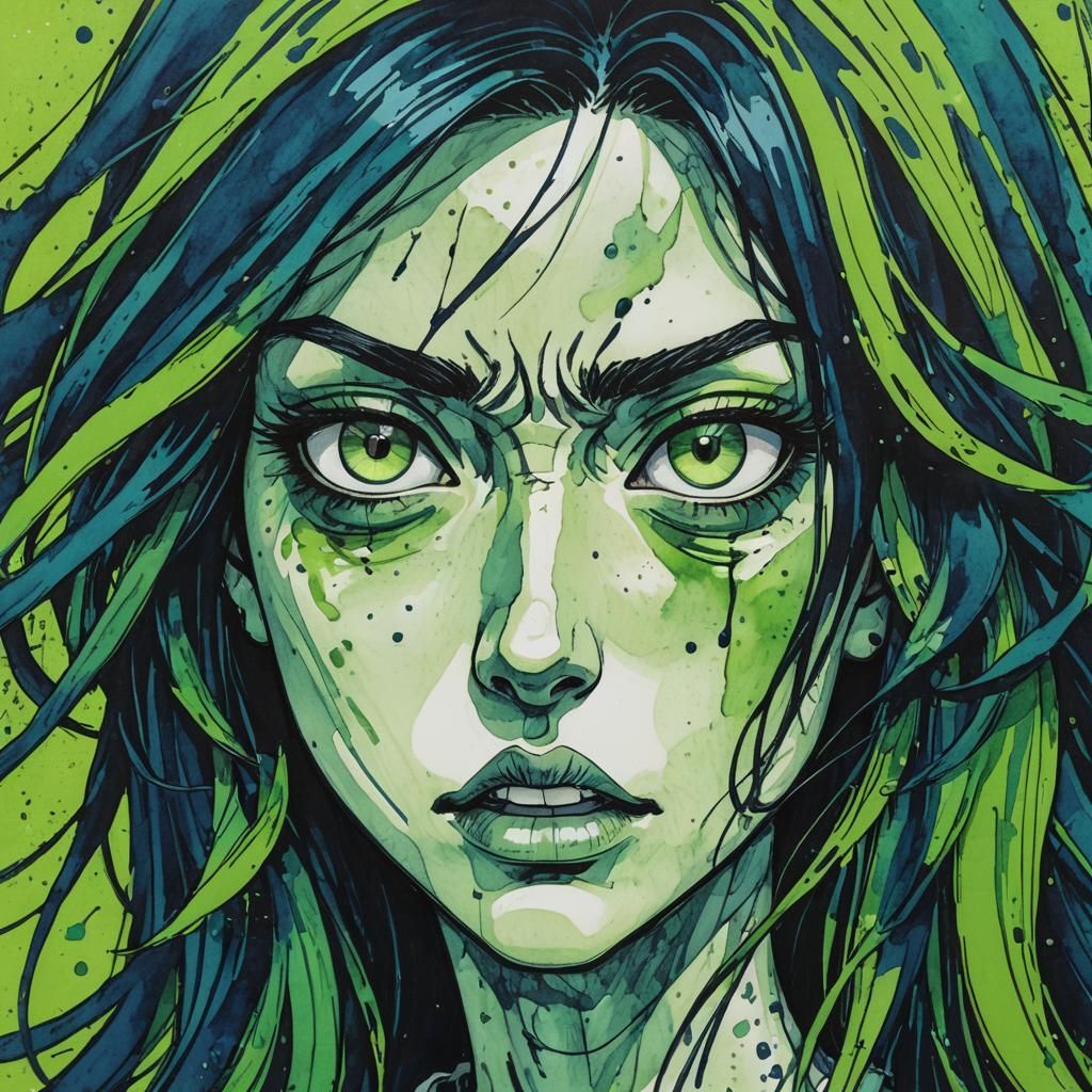 Angry Girl Portrait in Quirky Manga Art Style