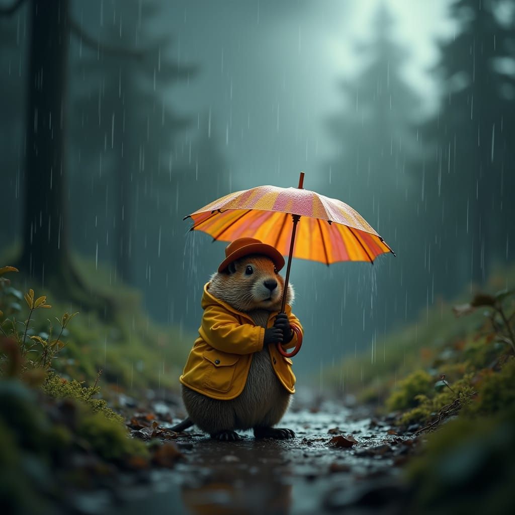 A groundhog with an orange umbrella in a rainstorm