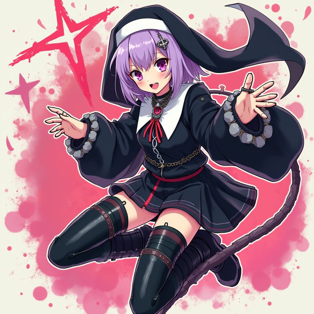Gothic Punk Nun Anime Girl with Lavender Hair