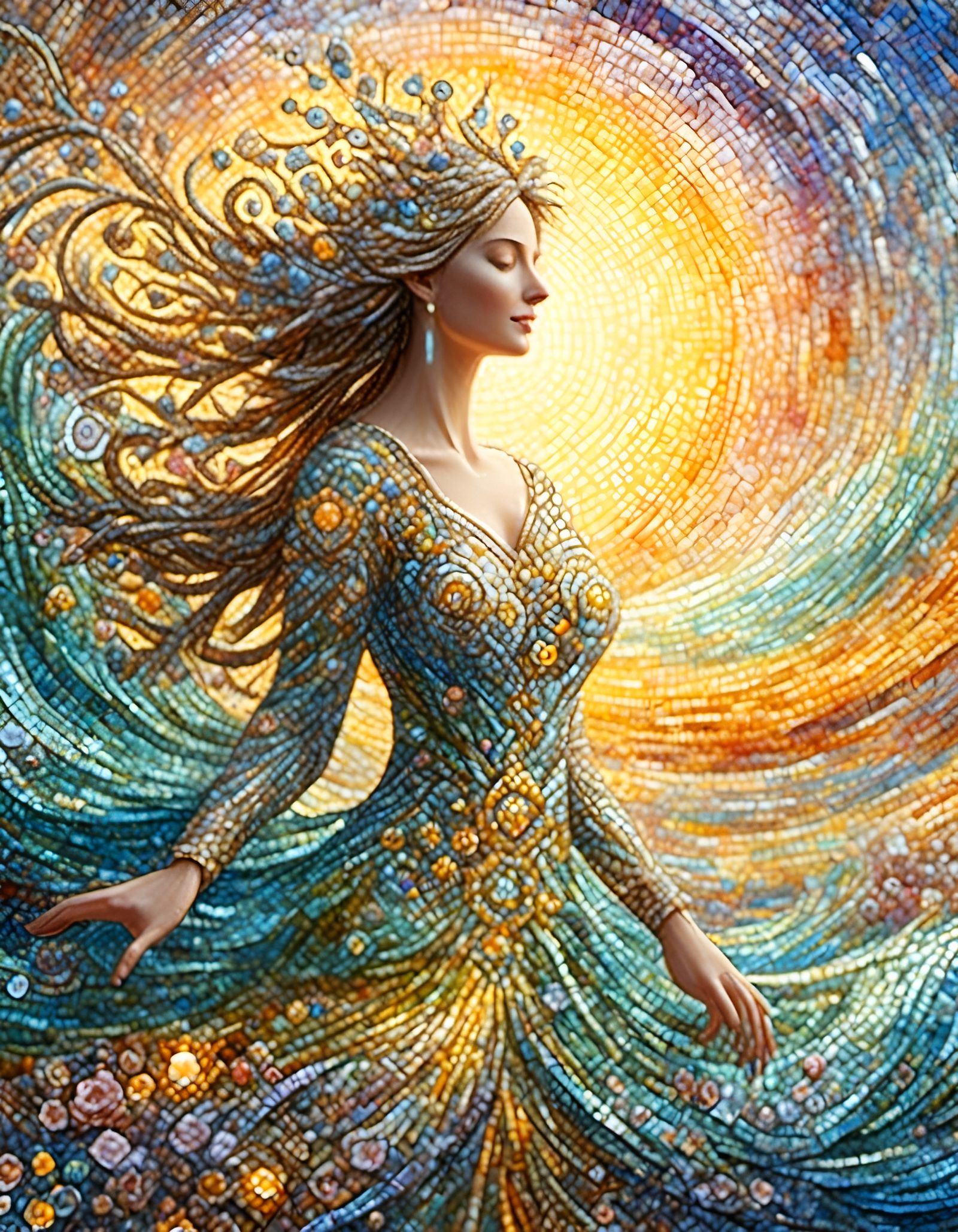 Mosaic Goddess of Dawn Rising Over Meadow