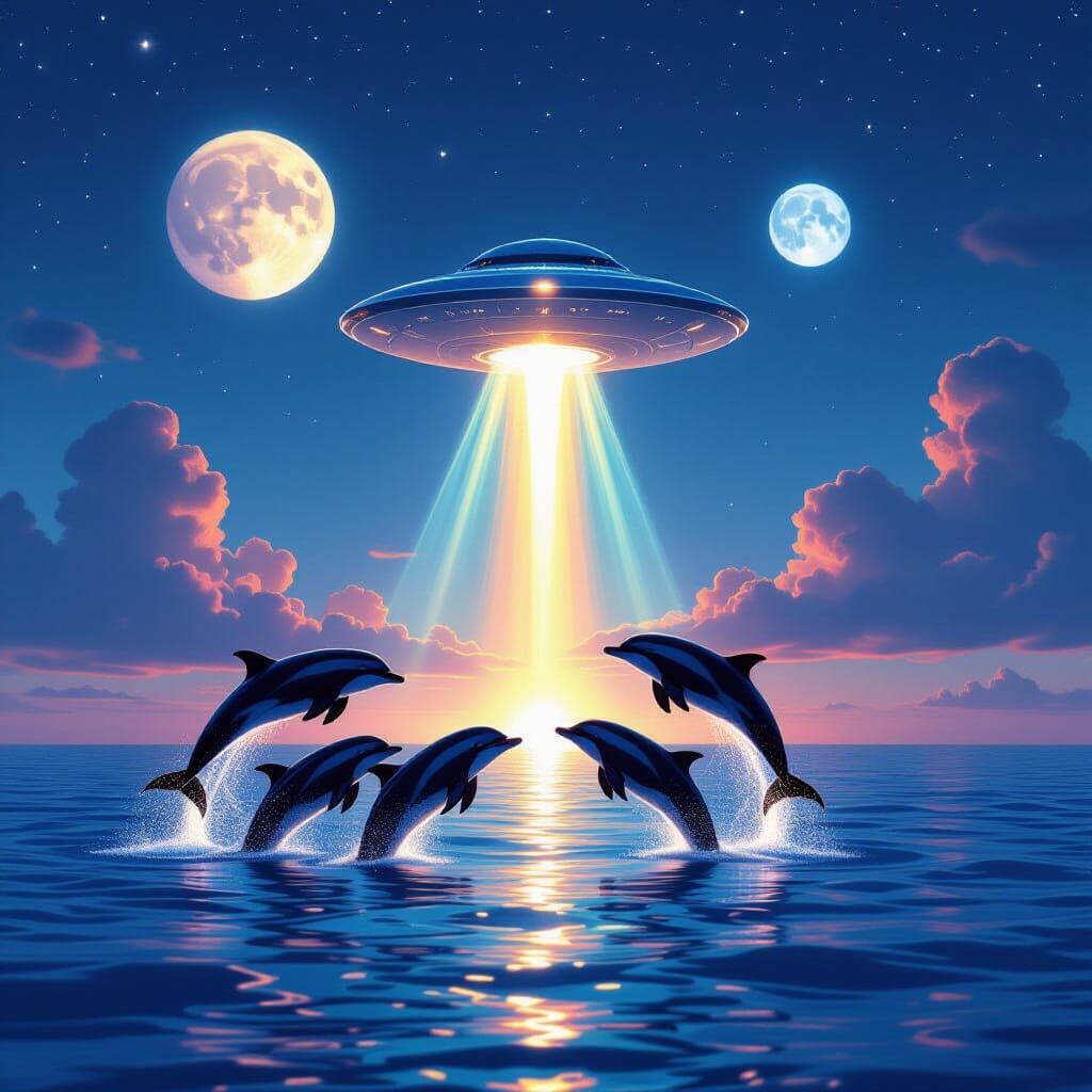 Dolphins Ascend to Spaceship Under Dual Moons