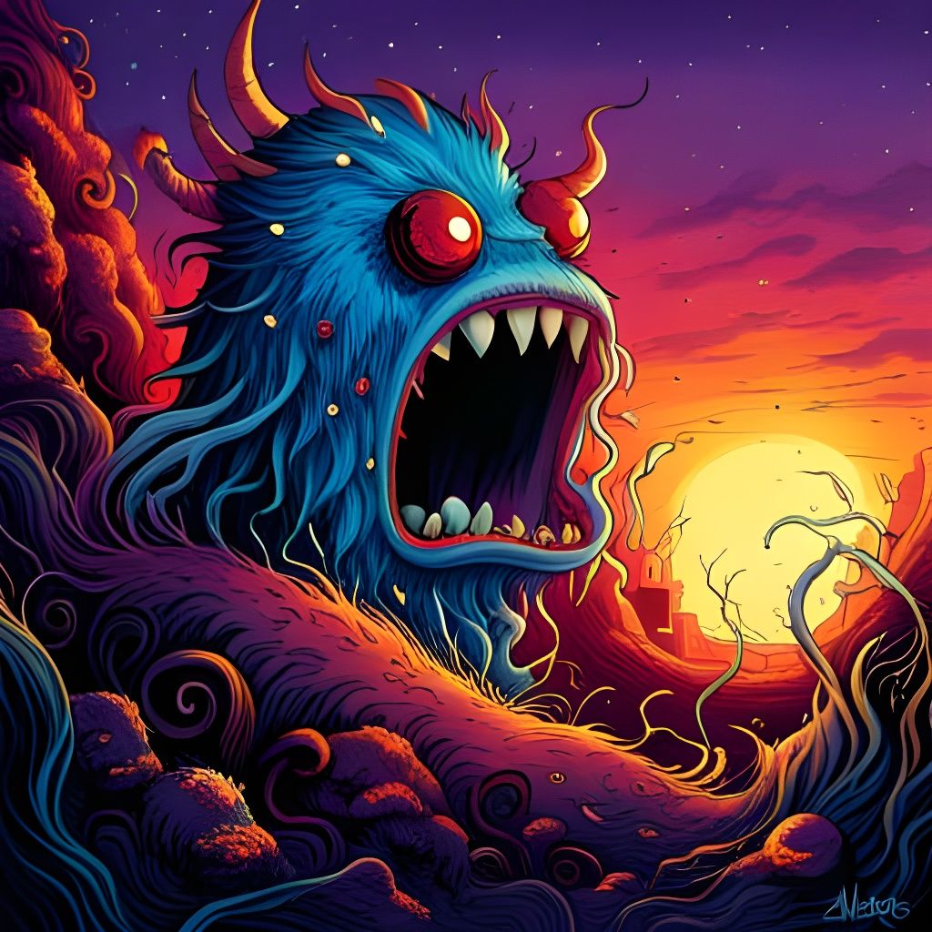Psychedelic Monster in Surreal Cityscape