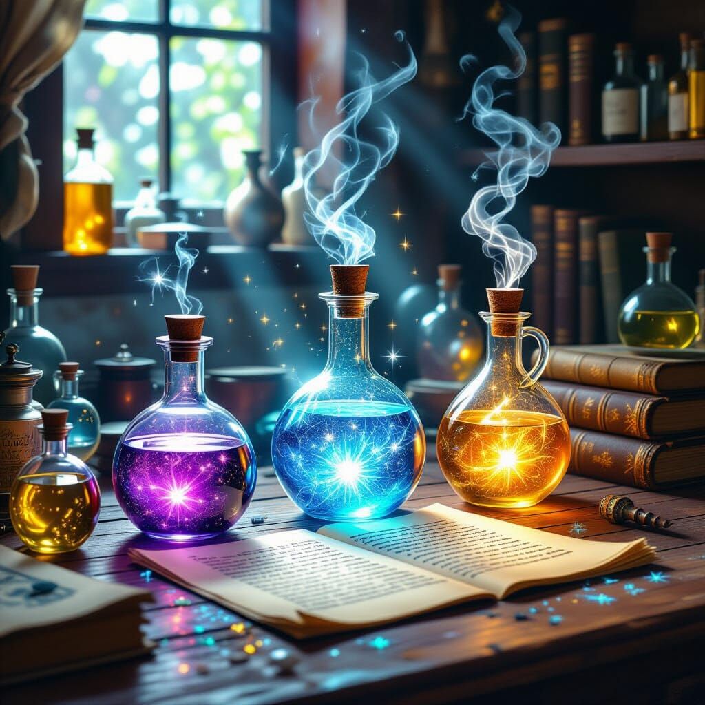 Alchemist's Workbench with Luminous, Magical Potions