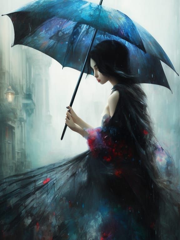 Ghost in Rainy Shadow City with Red Umbrella