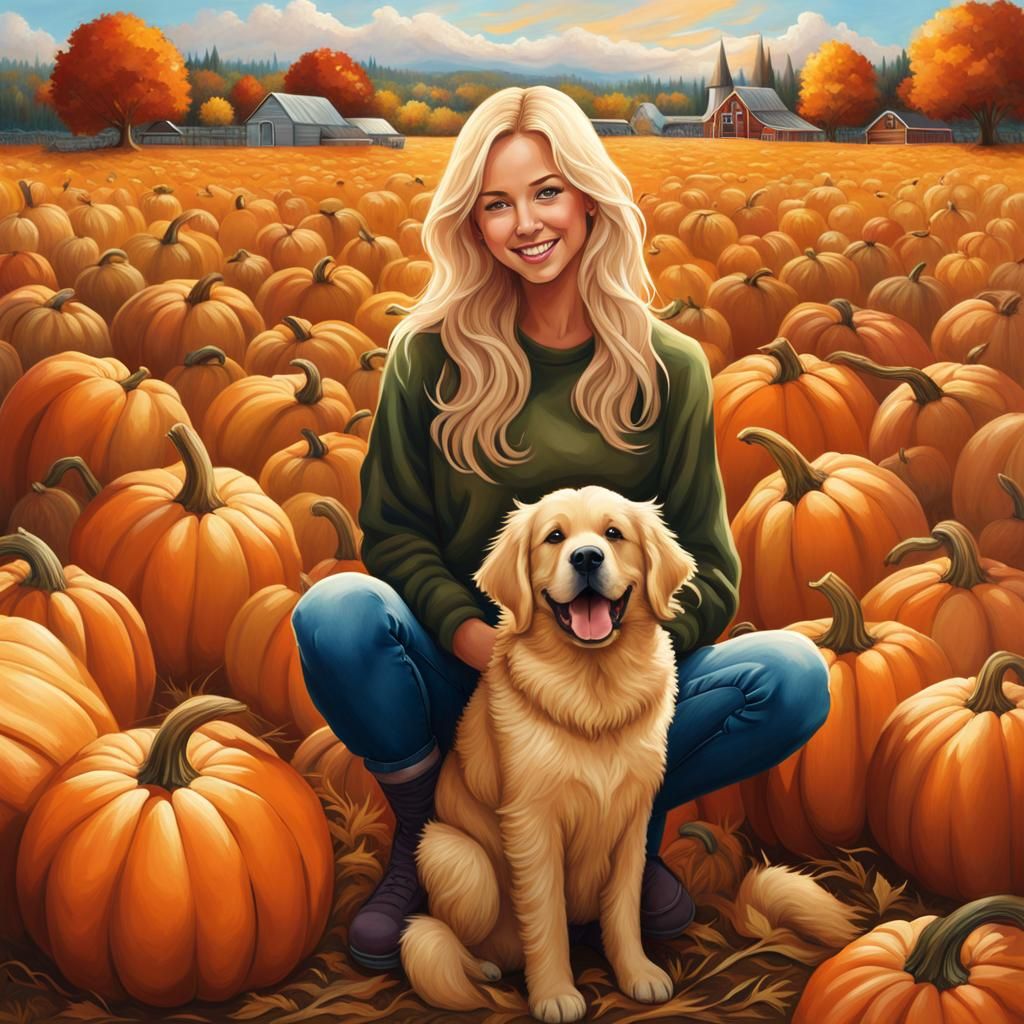 Happy Girl with Pumpkin in Autumn Garden