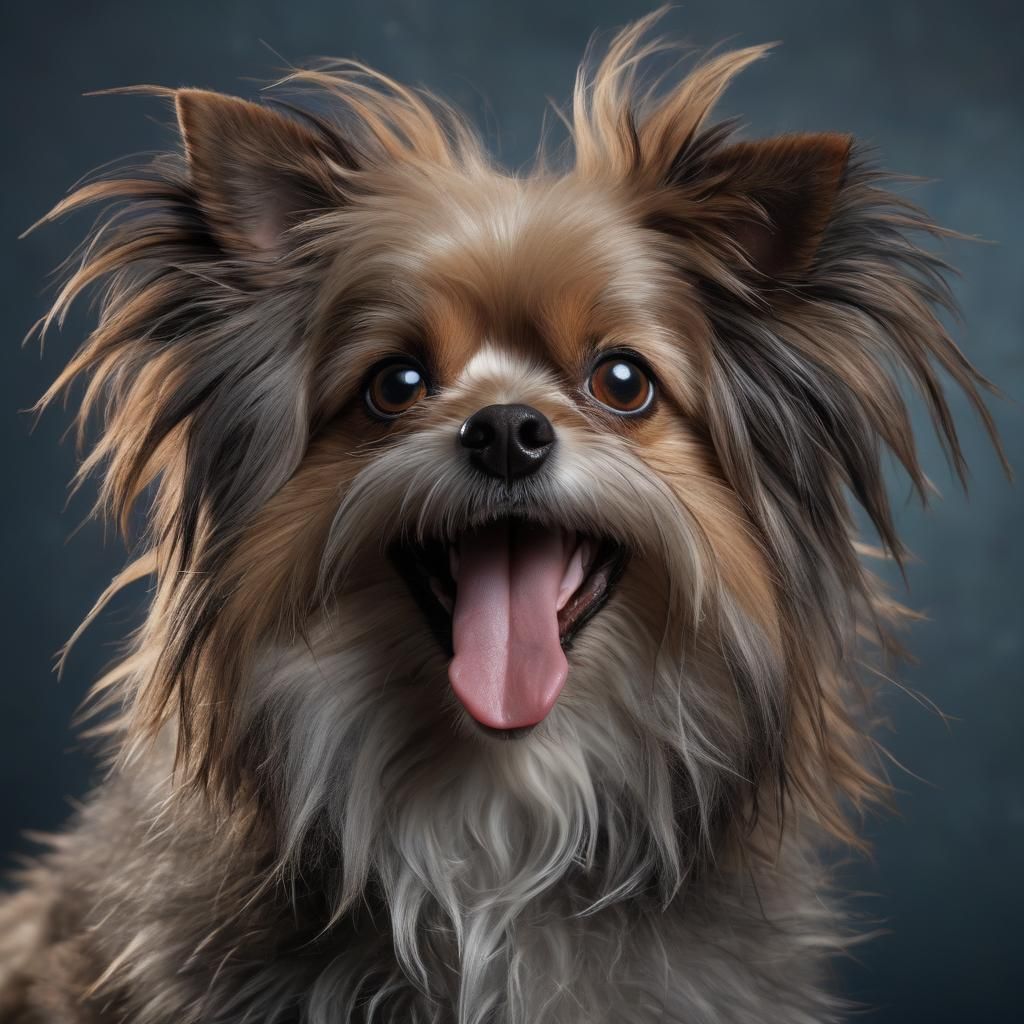 (Portrait photography:1.3) photo of a small dog with a disheveled appearance, messy fur sticking out in various directio...