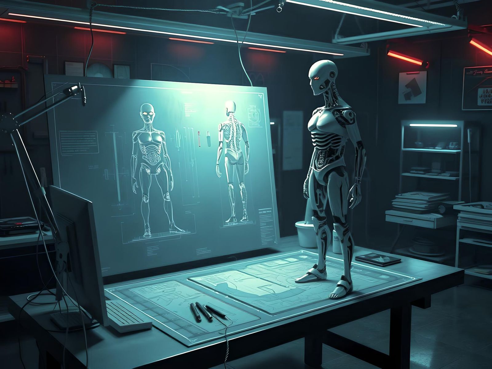 Android Blueprint in Cyberpunk Bioluminescent Lab