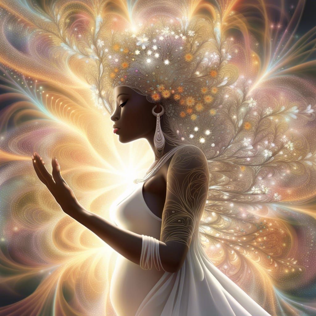 Pregnant Flower Nymph Goddess in Fractal Landscape