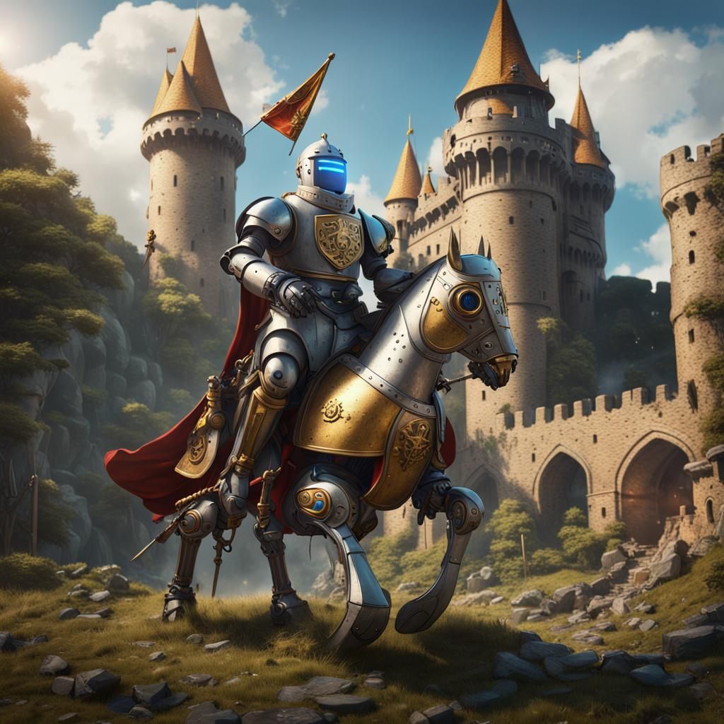 Futuristic Knight and Cybernetic Horse in Medieval Castle