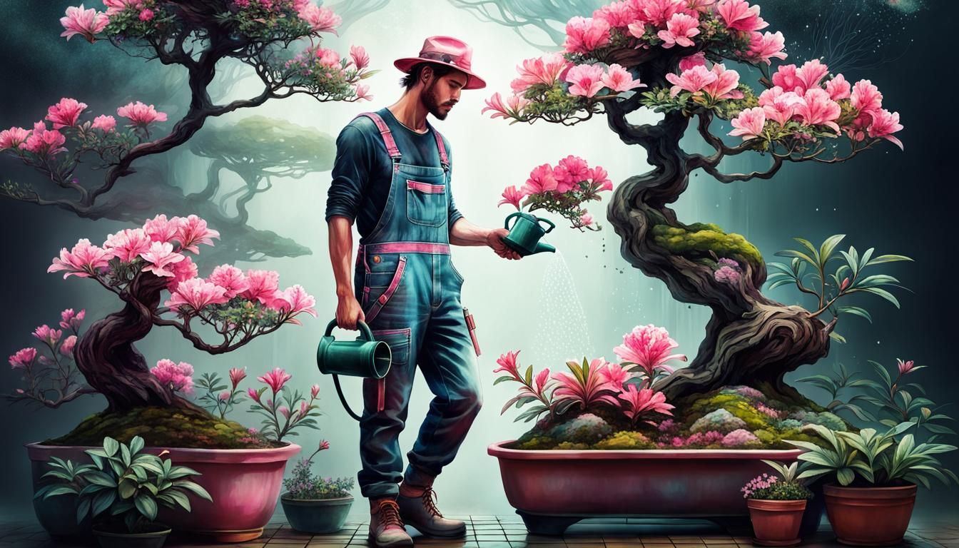 Bonsai Gardener in Cosmic Pink Maximalism