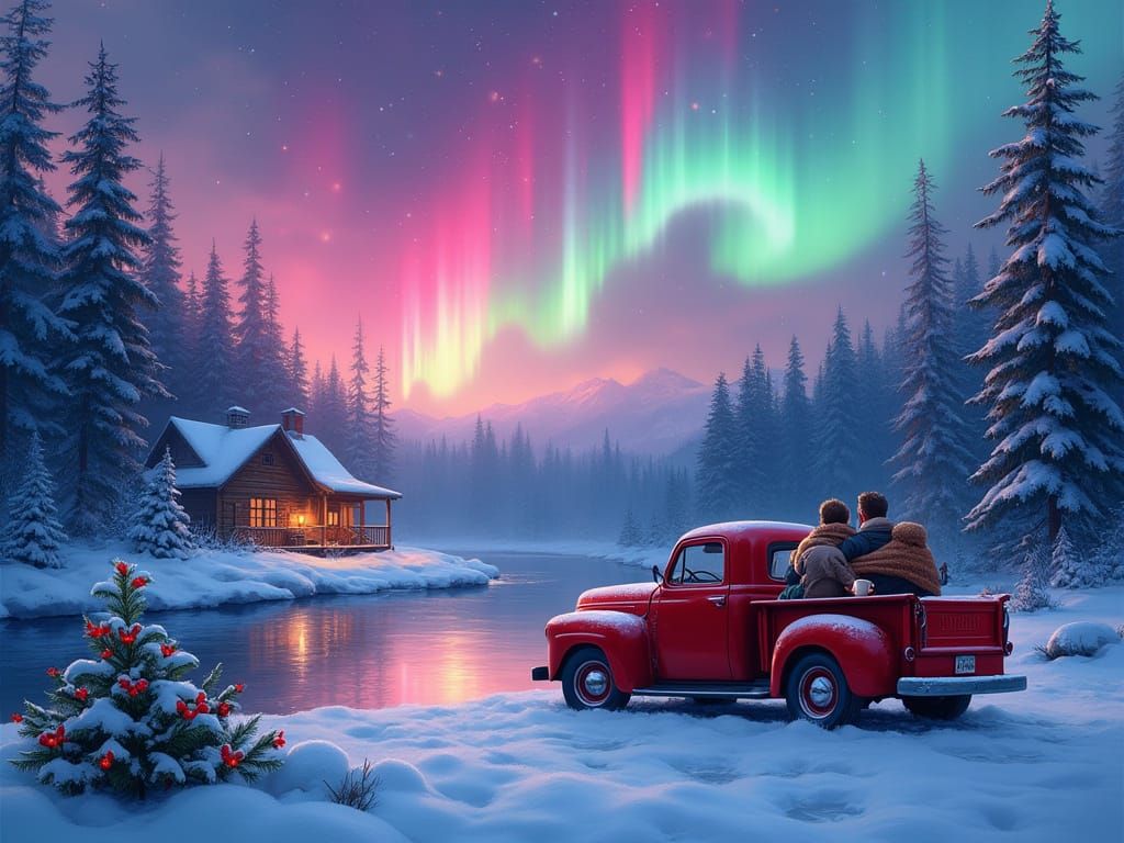 Cozy Cabin Under Northern Lights with Couple in Truck