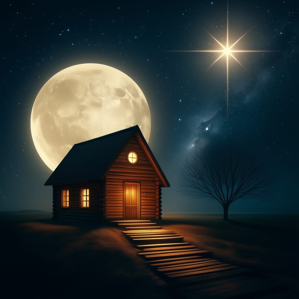 Shining Star Over Small Wooden House with Large Moon