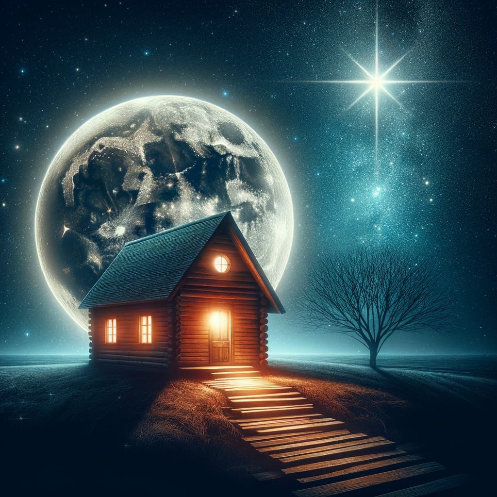 Shining Star Over Small Wooden House and Large Moon