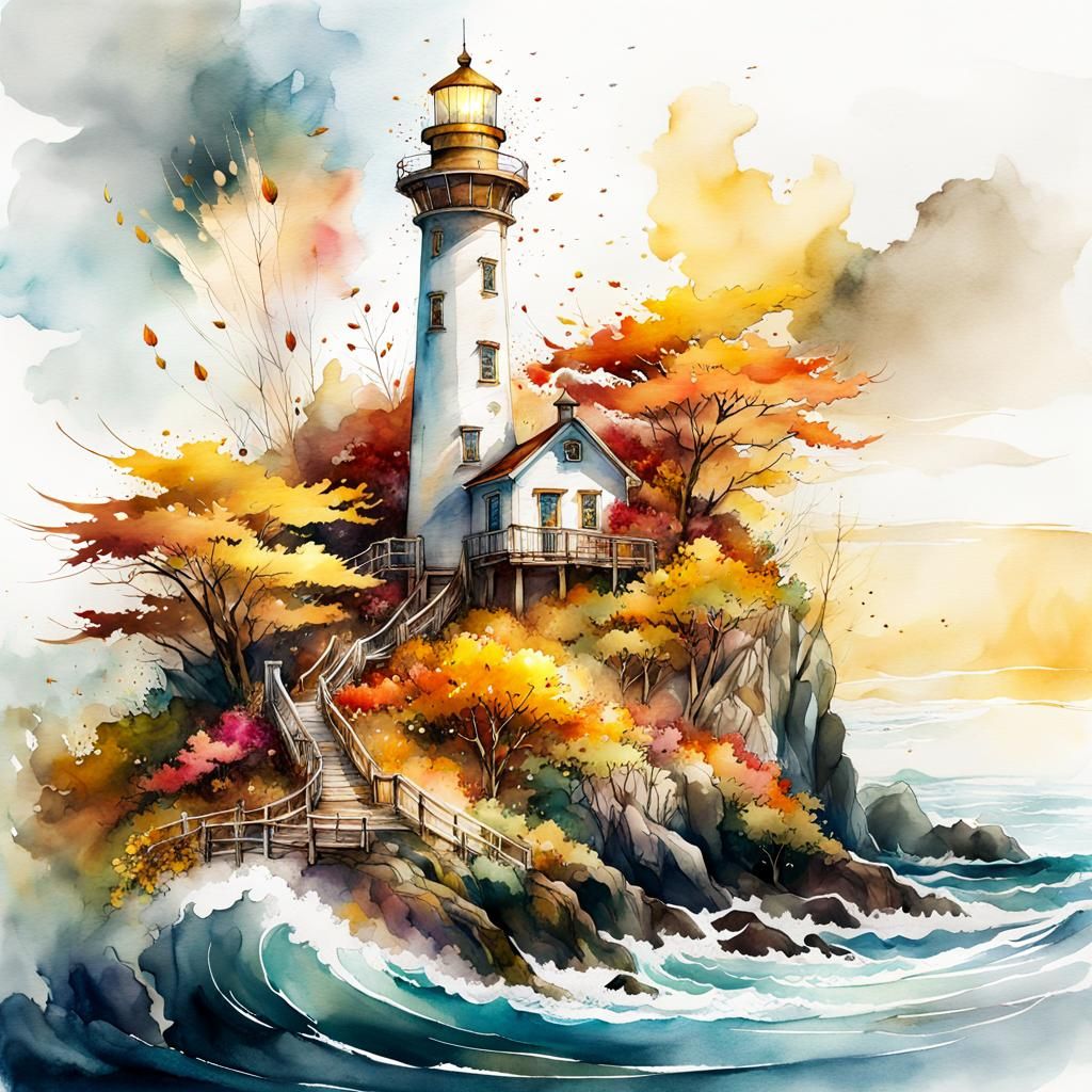 Golden Autumn Lighthouse Watercolor Illustration