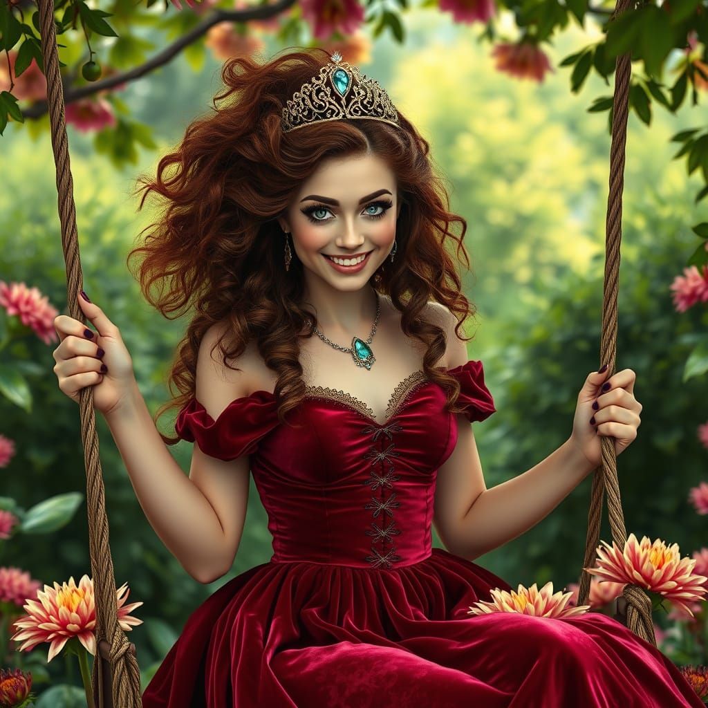 Enchanting Fantasy Princess in Ruby Velvet Regalia