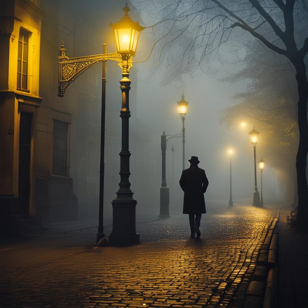 Sinister man under lamppost yellow light, foggy, old English...