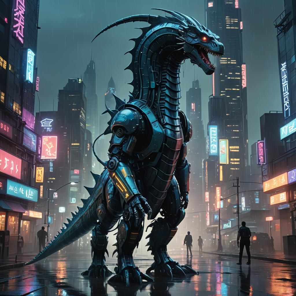 Mecha Loch Ness Monster in Cyberpunk Cityscape
