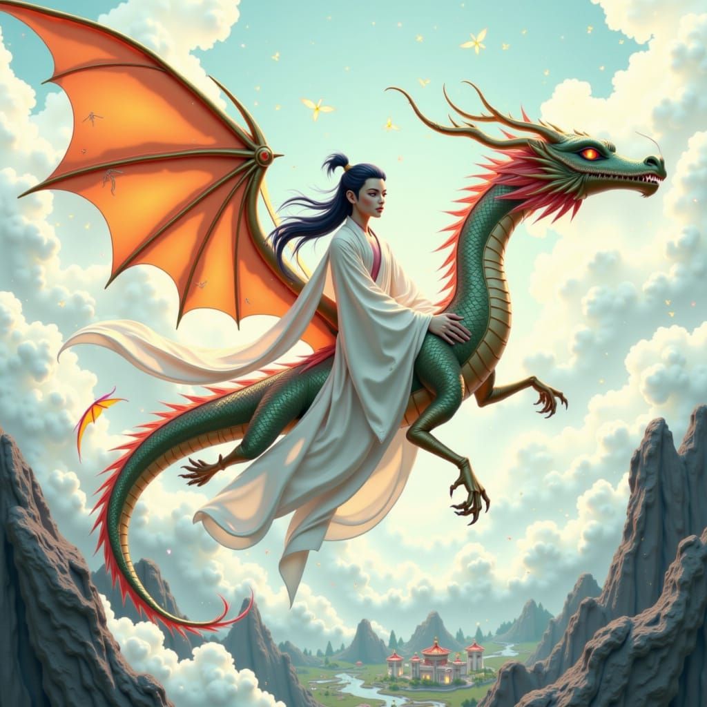 Woman on Dragon Soaring Above Ancient Village