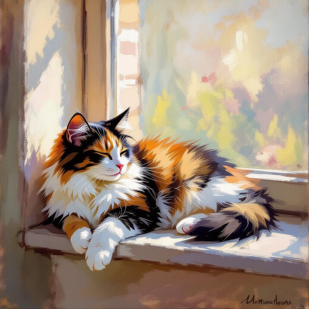 Calico Cat in Sunlight Window Impressionist Oil Painting