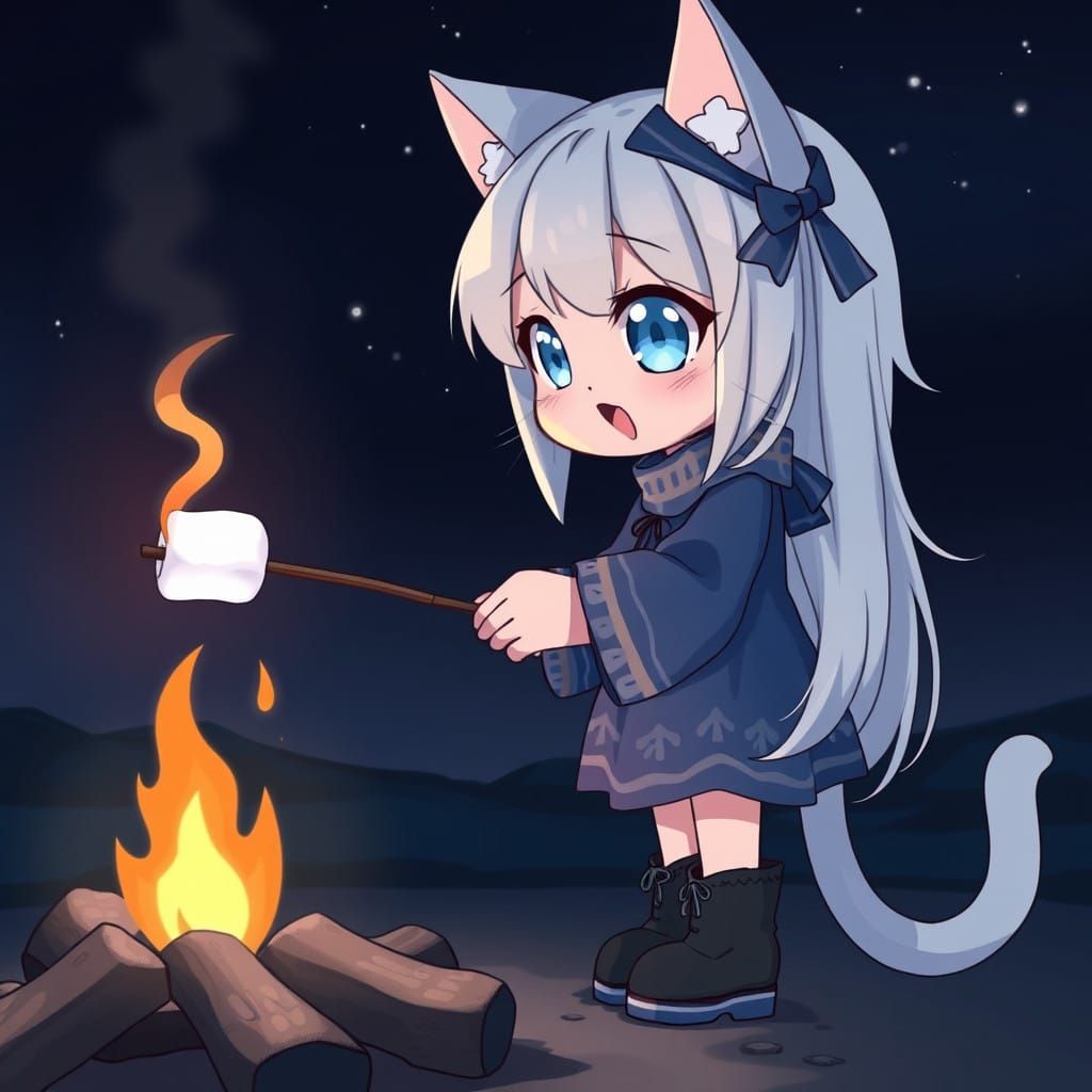 Adorable Anime Catgirl Roasts Marshmallow Under Starry Night...