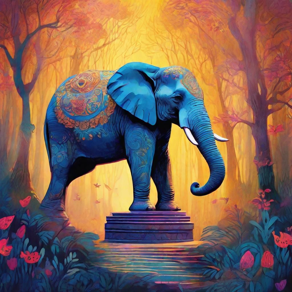 Fauvist Elephant Statue in Mystical Celtic Forest