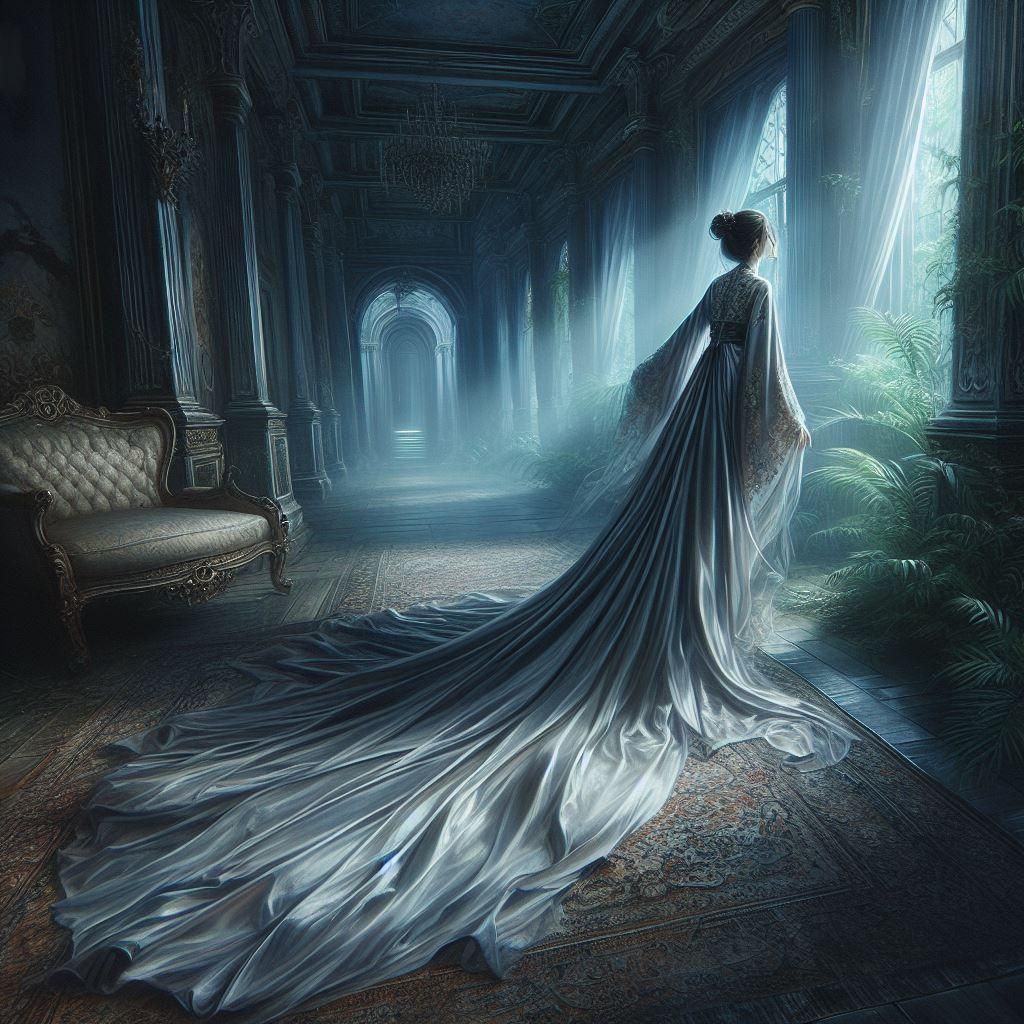 Ghostly Woman in Decaying Manor House