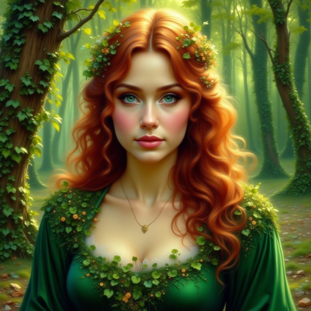 Medieval Woman in Emerald Velvet Dress with Ivy